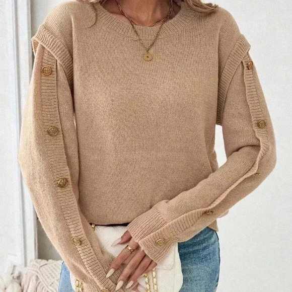 Khaki Casual Women's Solid Color 2 In 1 Sweater - Picture 2 of 6